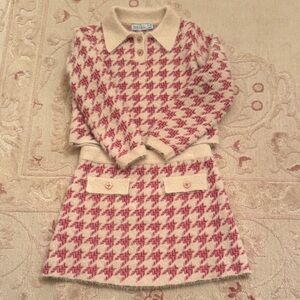 Cream & Pink Houndstooth Knit Skirt Set